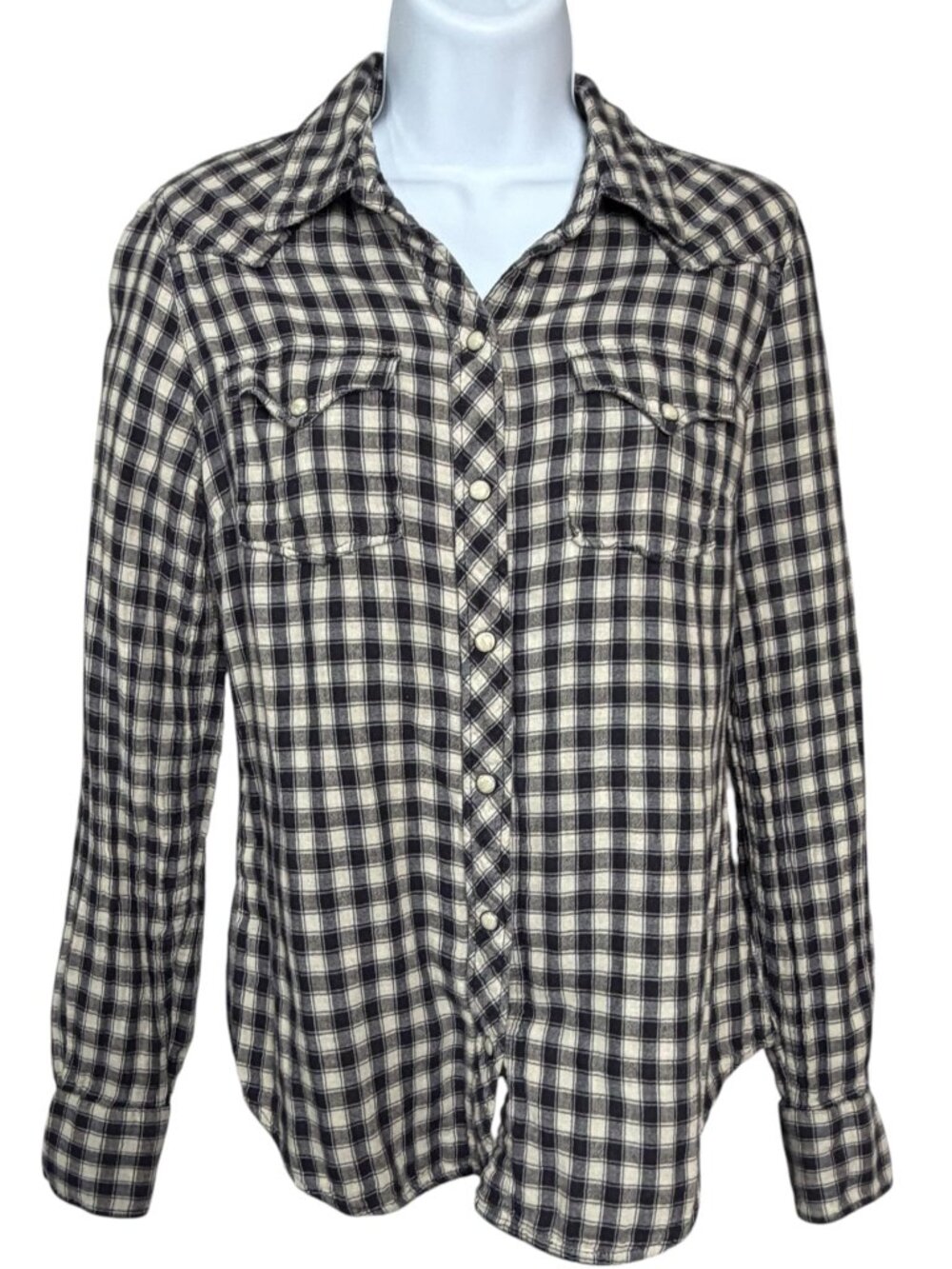 Lucky Brand Women’s Small Plaid Pearl Snap Western Shirt Black Cream Long Sleeve